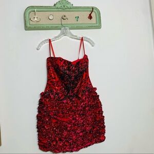 Jovani Strapless Leopard Beaded Ruffle textured cocktail Mini Dress 6 red black
